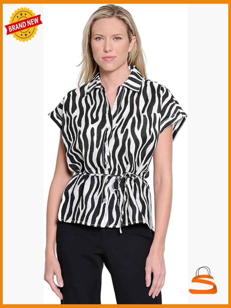V-Neck Button Up Shirt With Belt Linen Cotton Short Sleeve Womens Tunic Top